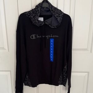 Champion Black Hoodie with Leopard Accents Size L NEW